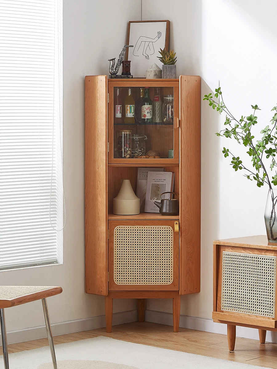 Corner cabinet Solid wood rattan plaited living room corner storage corner storage cabinet Simple and modern