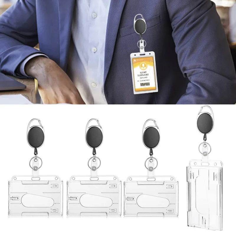 Transparent Double Cards Slots ID Tag Badge Holder with Badge Reel 2 Cards Storage Organizer Employee Pass Work Card Case