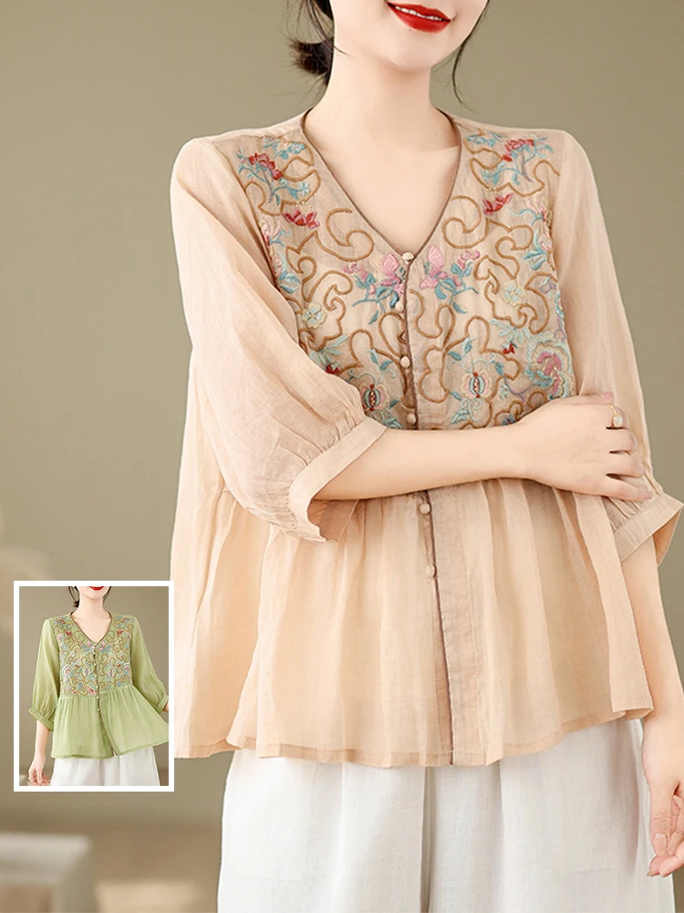 

Льняная свободная тонкая льняная вышивка в стиле ретро с v-образным вырезом Seven-quarter Sve, женская летняя модная повседневная одежда большого размера