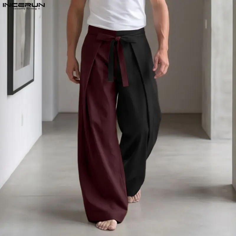 INCERUN Men Pants Patchwork Color-block Lace Up Joggers Casual Trousers For Man Pleated Streetwear Loose 2026 Fashion Long Pants