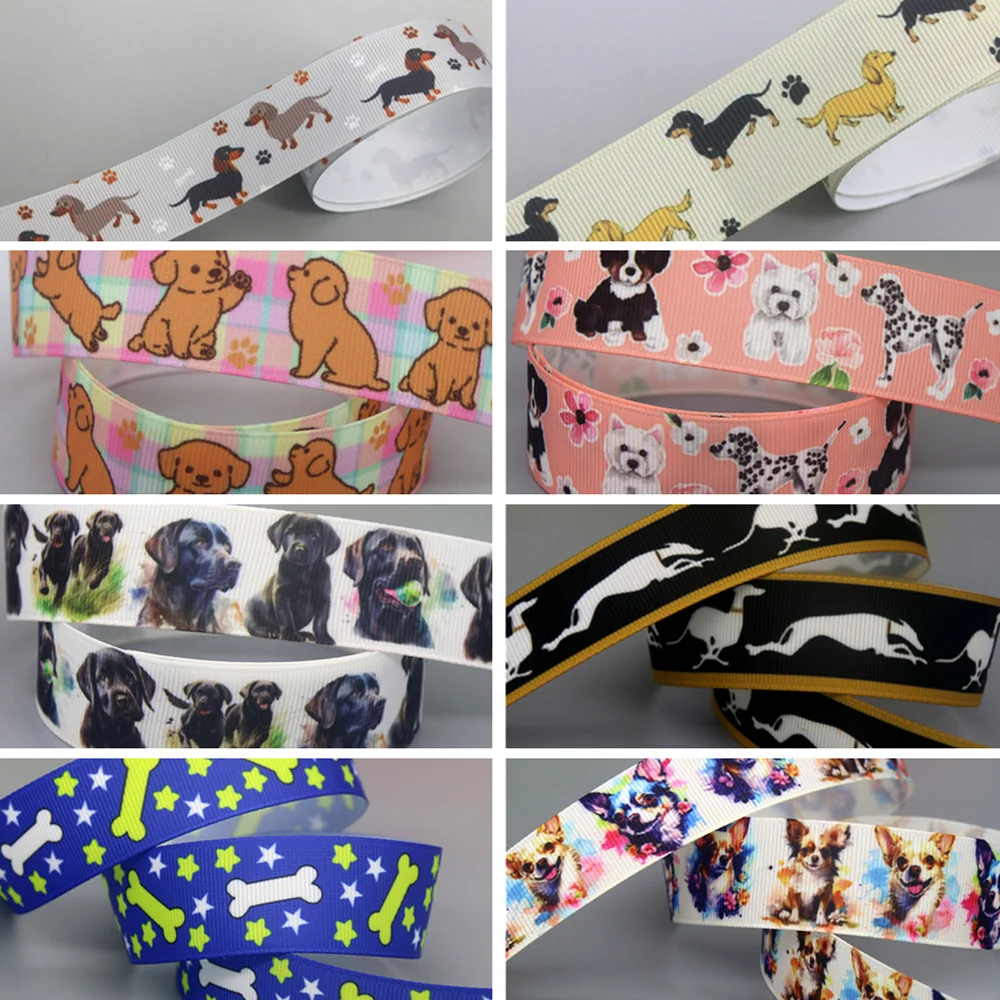 

DHK 50yards Chihuahua Dog Cute Bone Printed Grosgrain Ribbon Accessories Headwear Decoration Collar DIY Sewing Craft S2567