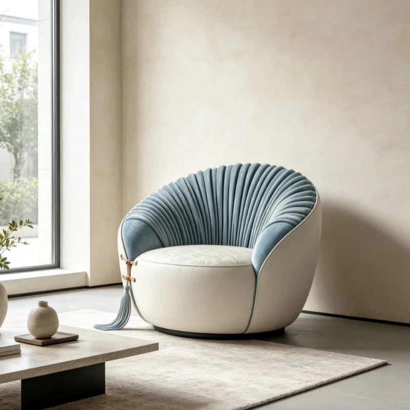 Round Shell Lounge Chair Blue Velvet Backrest Two Tone Leather Swivel Single Chair