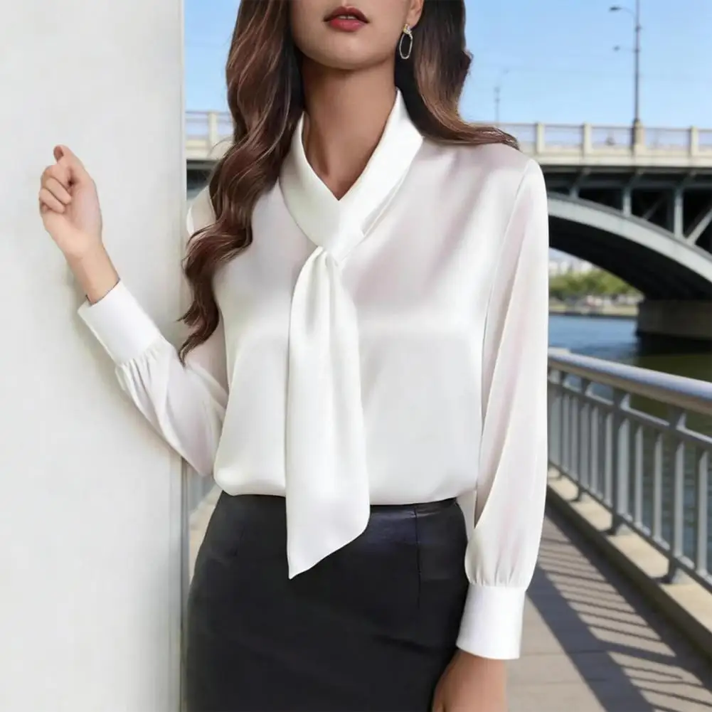 우아한 여성용 새틴 셔츠 블라우스 신상 프린트 V넥 긴팔 단색 루즈핏 셔츠 캐주얼 탑 오피스룩
