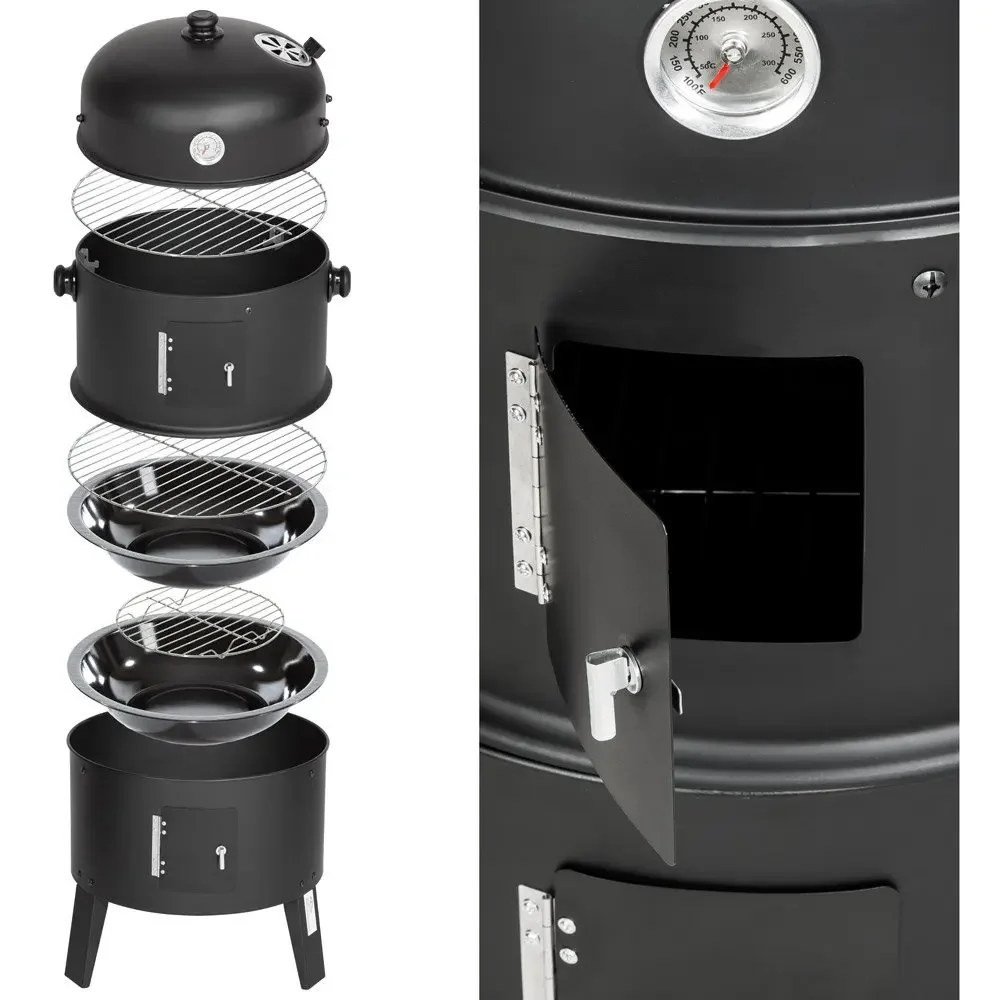 3in1 Vertical Ø45cm Charcoal BBQ Smoker, Heavy Duty Round Smoking Grill Barbecue Smoker Barrel for Outdoor Cooking, Thermometer