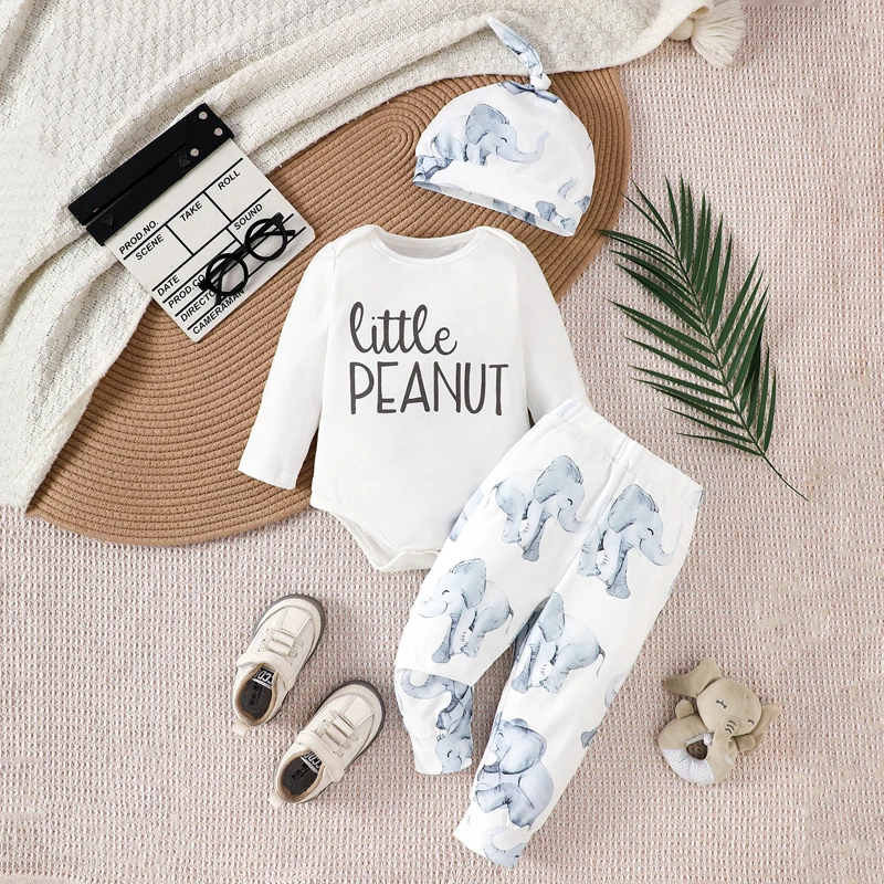 رومبير مطبوع عليه أحرف طويلة الأكمام للأولاد الصغار ، طقم بنطلون وقبعات مطبوع عليها فيل ، ملابس ، ملابس للربيع ، 3 من ملابس الربيع