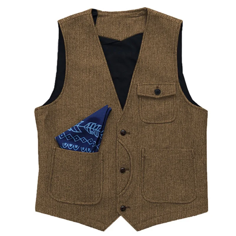 

Men Vest Brown Herringbone Suit V Neck For Wedding Groom Business Formal Banquet Suit Men Waistcoat