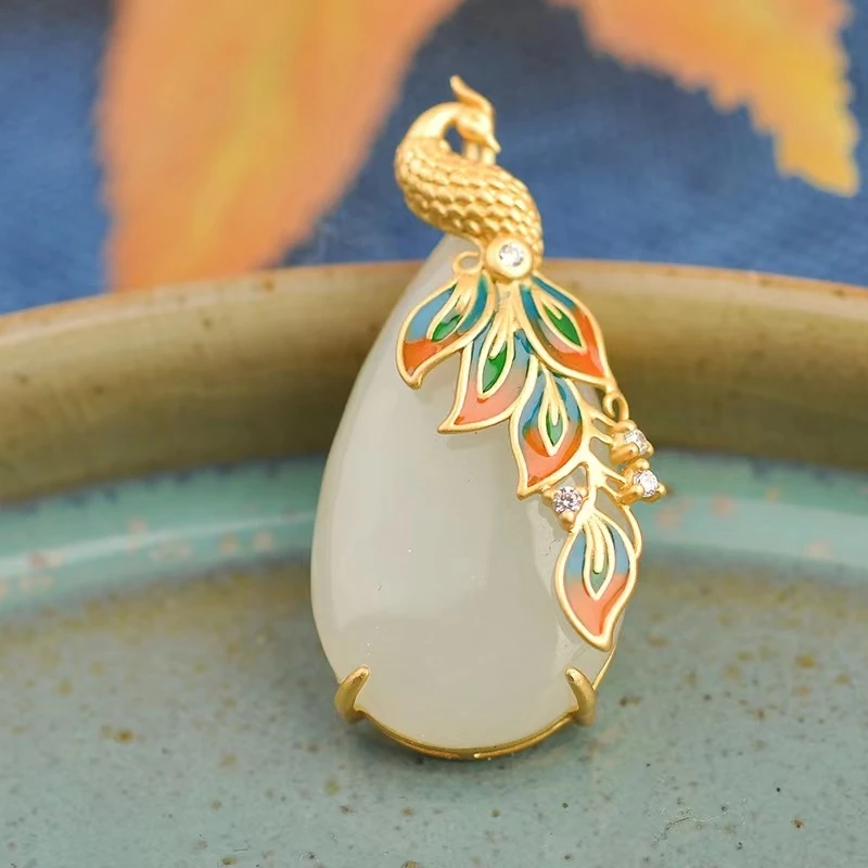 Classic Enamel Porcelain Inlaid Zircon Natural Hetian Jade Oval Peacock Necklace Exquisite Light Luxury Ladies Silver Jewelry