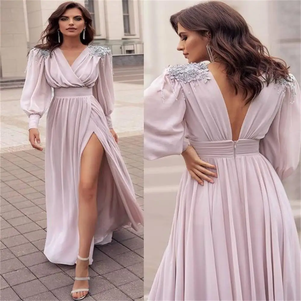 

Women Nobel Elegant V-neck Long Sleeves Zipper Up Ruffle Embroidered Floor Length Tulle Evening Dress Prom Gwon Nwe 2023