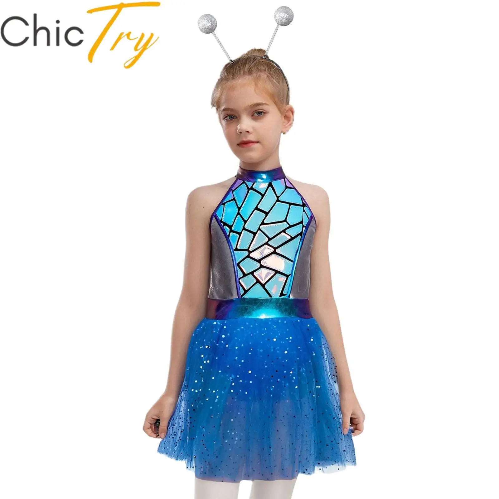 

Kids Girls Alien Cosplay Costume Halloween Dress Sequins Adorned Shiny Metallic Halter Sleeveless Mesh Tutu Dress with Hair Hoop