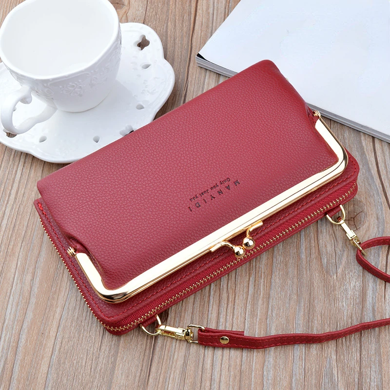 PU Leather Clutch Wallet For Women, Multifunctional Crossbody Bag, Fashion Long Coin Purse With Kiss Lock