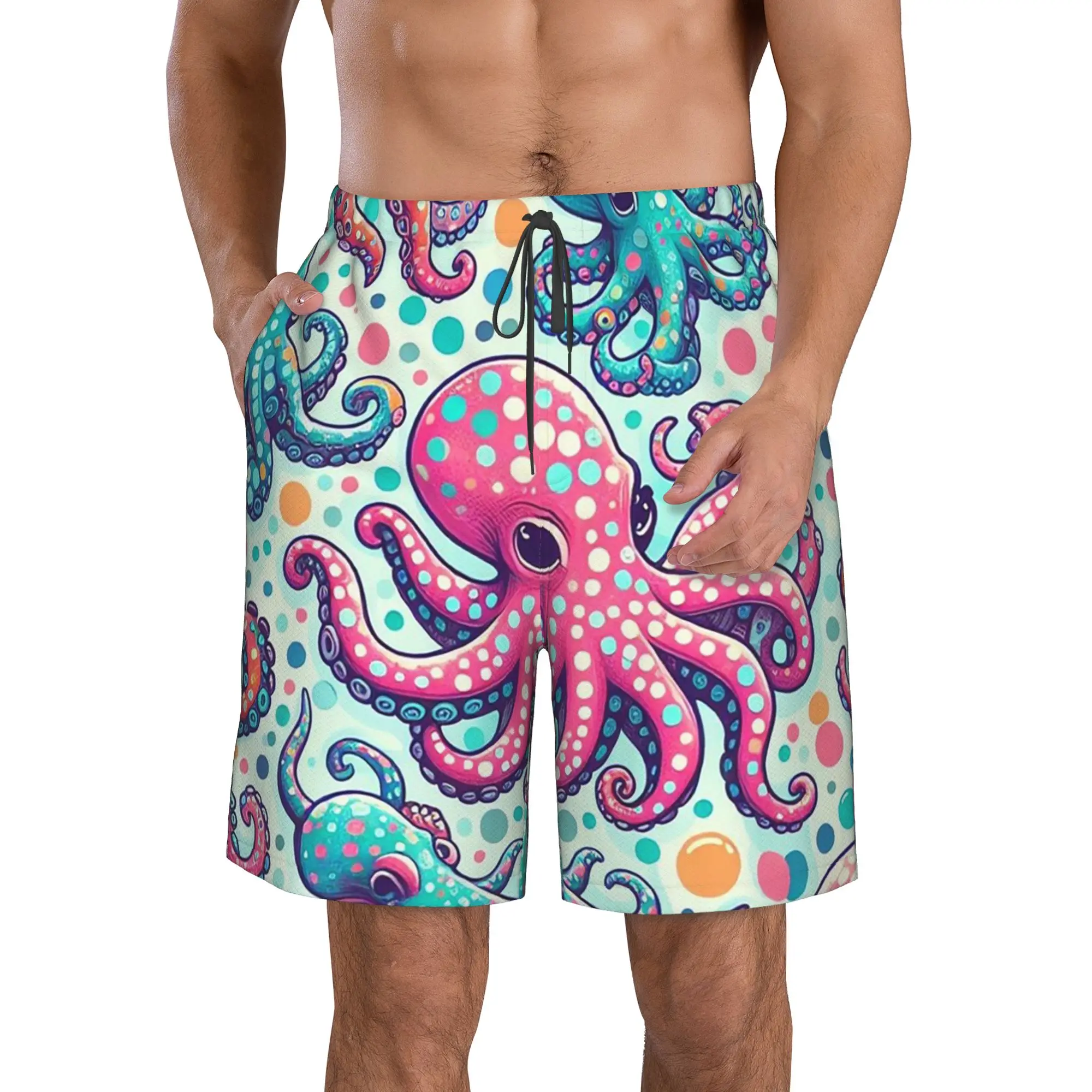 Vibrant Colorful Full-Body Octopus Pattern Trunks Beach Board Shorts Casual Quick Dry Swim Summer Men Pants