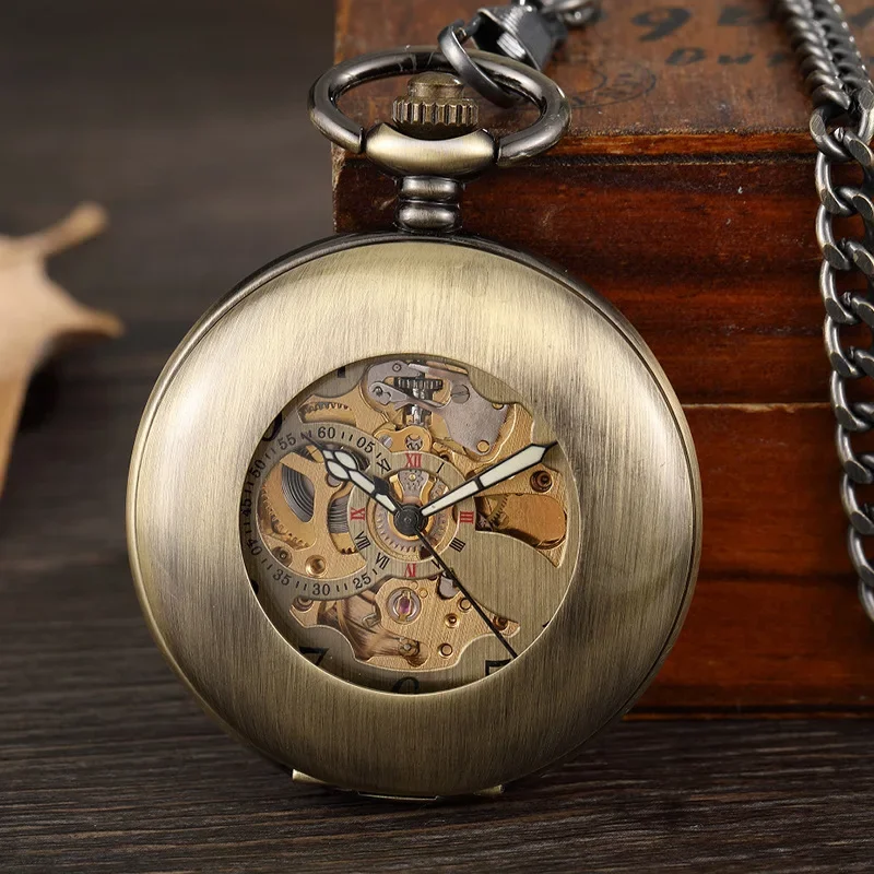 Large antique hollow smooth automatic mechanical pocket watch for men and women gift mechanical watch