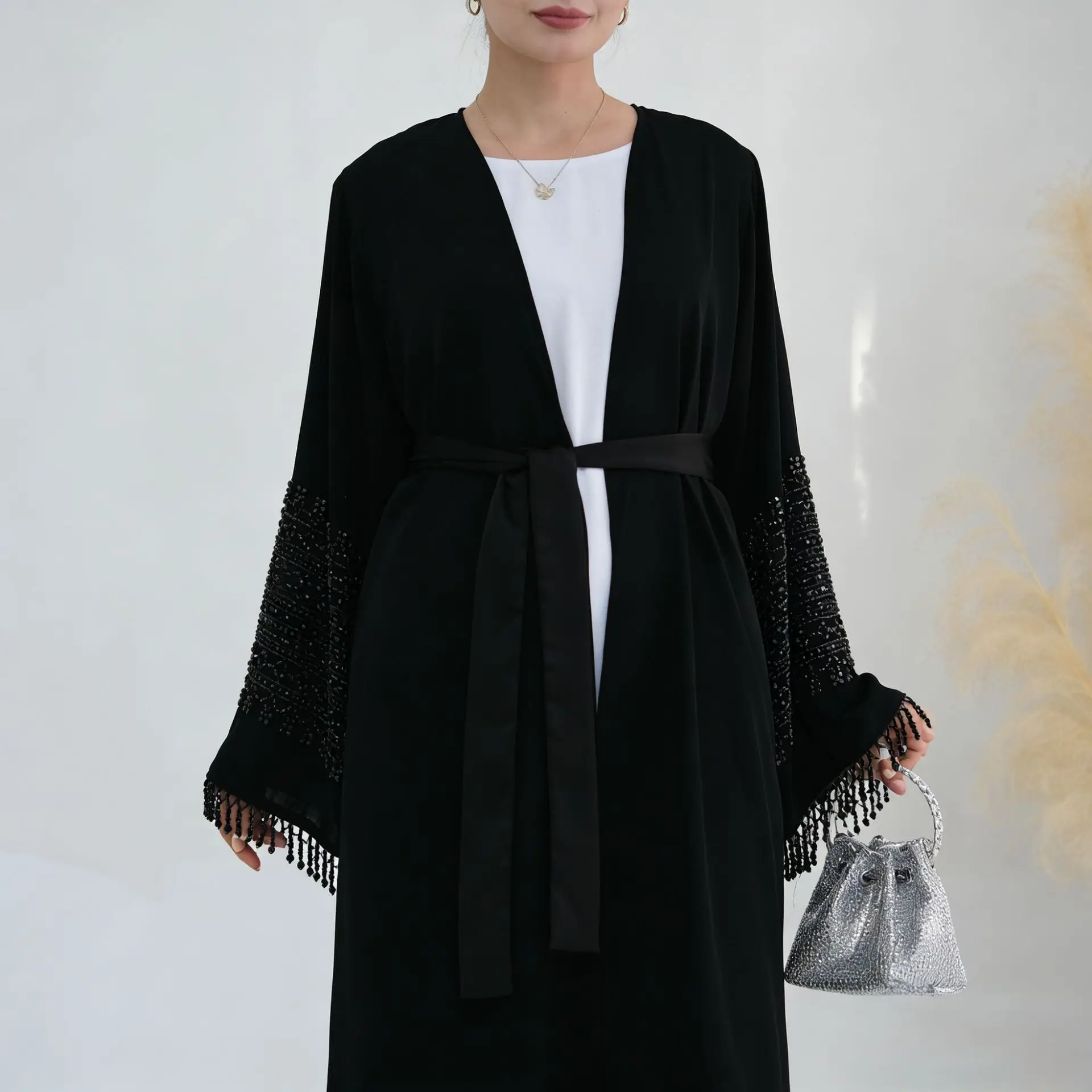 

Дубайские абайи с бахромой и бусинами, открытые кимоно-платья для женщин, мусульманские джалабии, кафтаны, робы, кебайи, исламская одежда