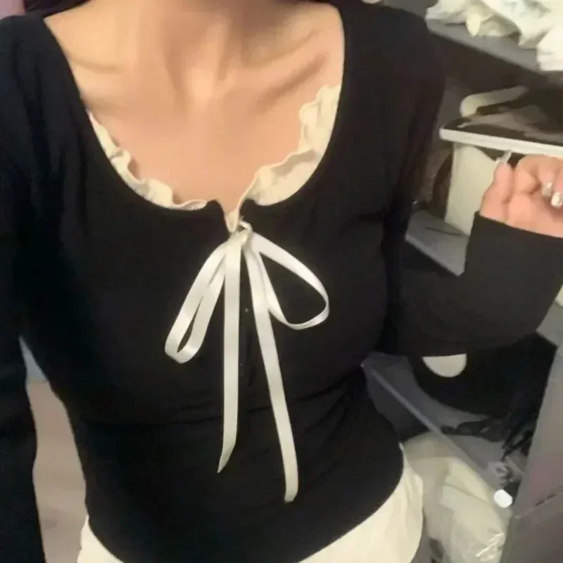 

Black Spicy Fake Two Pieces Long Sleeve T-shirt Women's Early Autumn Ballet Style Slim Fit Spicy Girl Bow Short Top