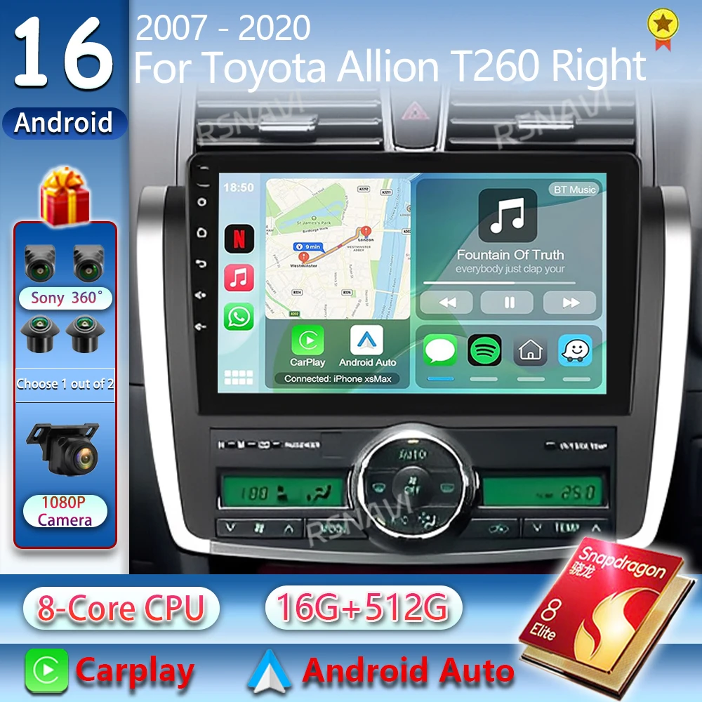 

Android16 Car Radio For Toyota Allion T260 2007 - 2020 Right Multimedia Player Stereo BT GPS WIFI+4G wireless Carplay Auto video