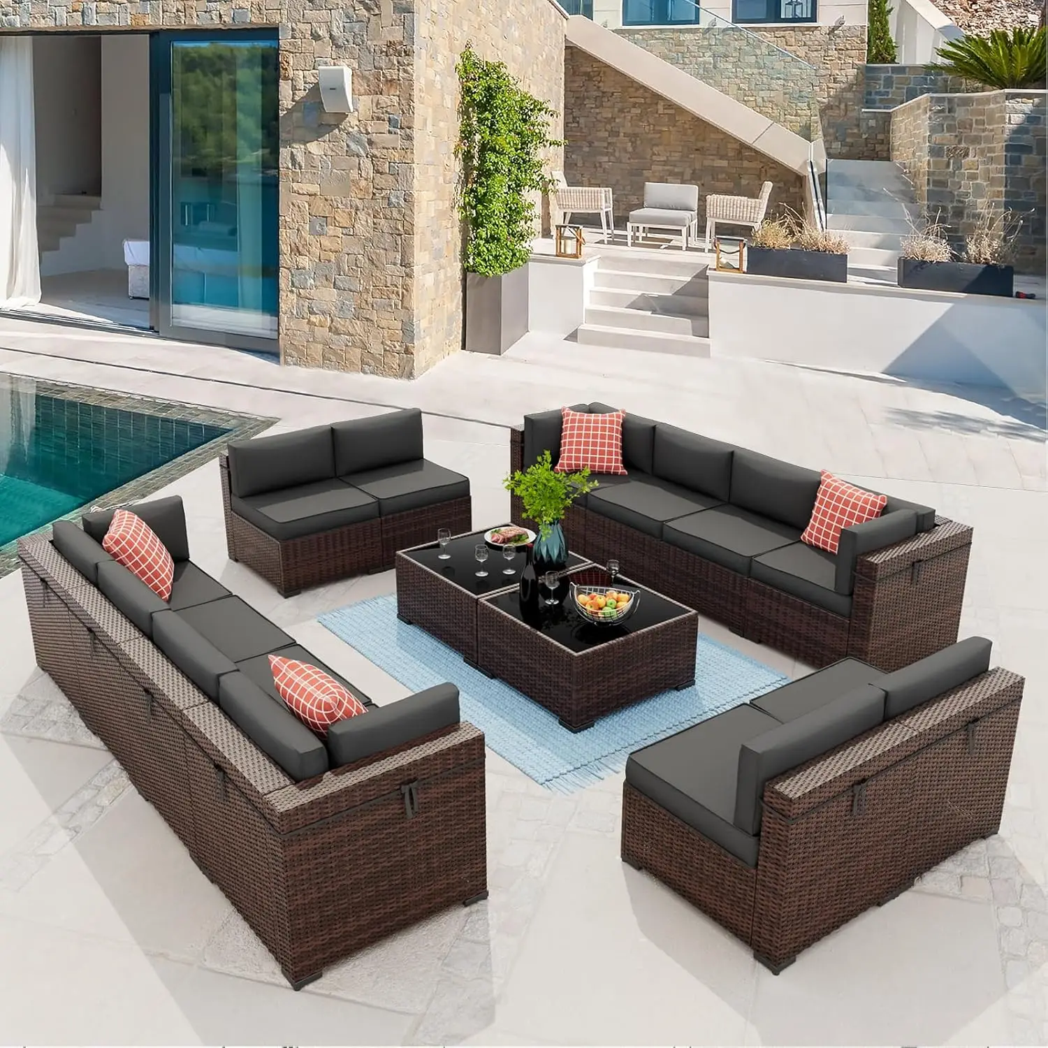 Outdoor Patio Furniture Set, PE Wicker Pit Sectional Sofa with Cushions, Coffee Tables, All-Weather Covers, Balcony Yard