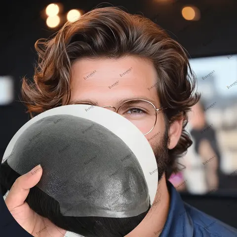 Peluca de cabello humano Rubio marrón de 6 pulgadas para hombres, Base de PU, línea de cabello Natural, peluquín Vloop, peluca de cabello ondulado de micropiel de 0,06mm para hombres