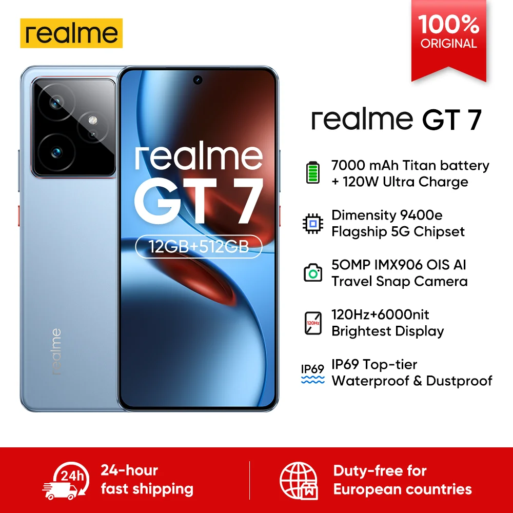 Realme GT 7 5G Versión Global, 7000 mAh, Carga Rápida de 120 W, Dimensity 9400e, Pantalla AMOLED de 6.78 Pulgadas y 120 Hz, 50 MP OIS, NFC, IP69, Android