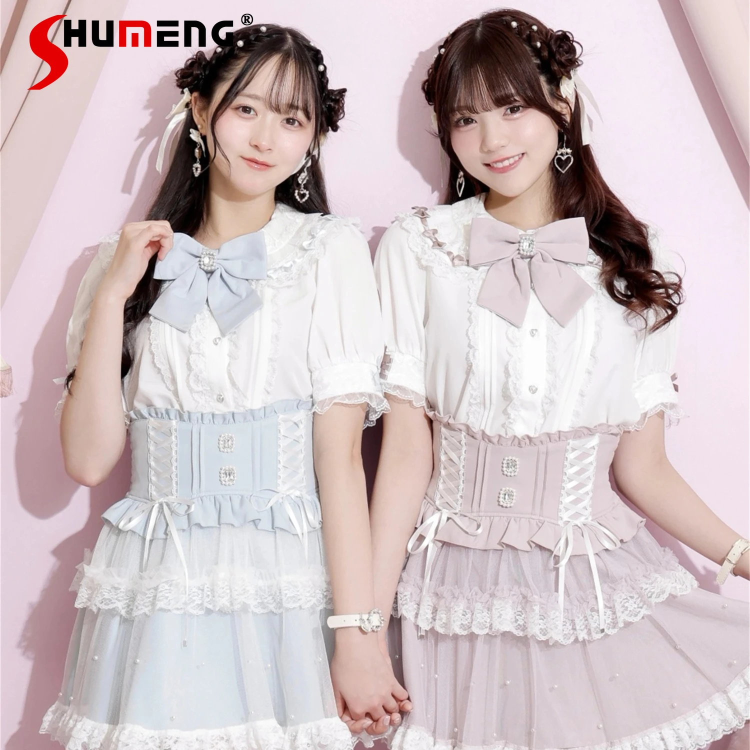 

Массовая кружевная кукольная рубашка в японском стиле с коротким рукавом и бантом в форме сердца, однобортная милая рубашка Kawaii Lolita, женские топы