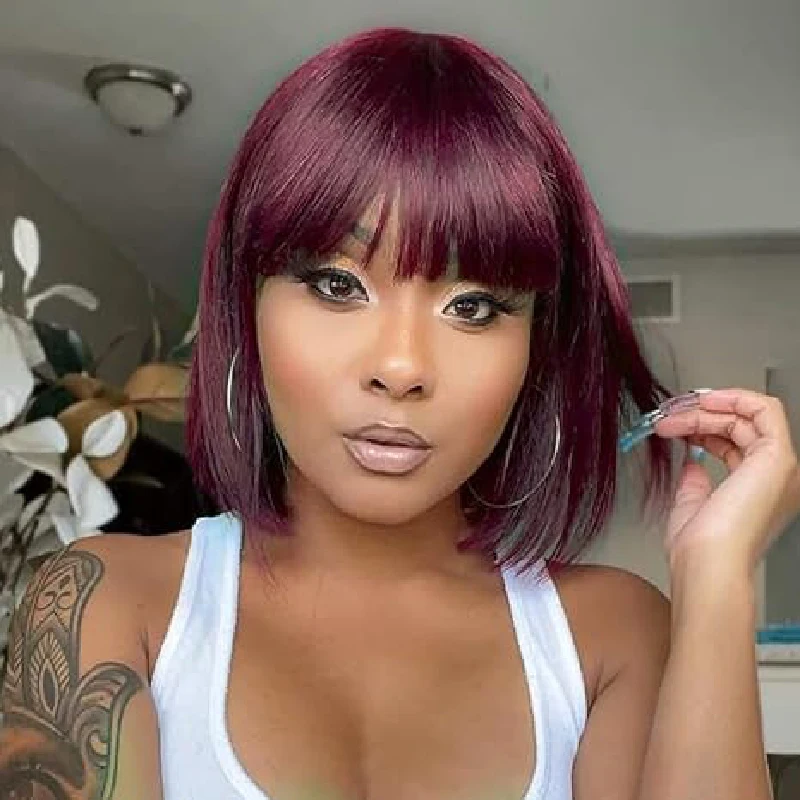 99J Short Straight Bob Wig With Bangs Vietnamese Dark Red Colored Glueless Straight Raw Human Hair Double Drawn Bob Wigs On Sale - Image 5