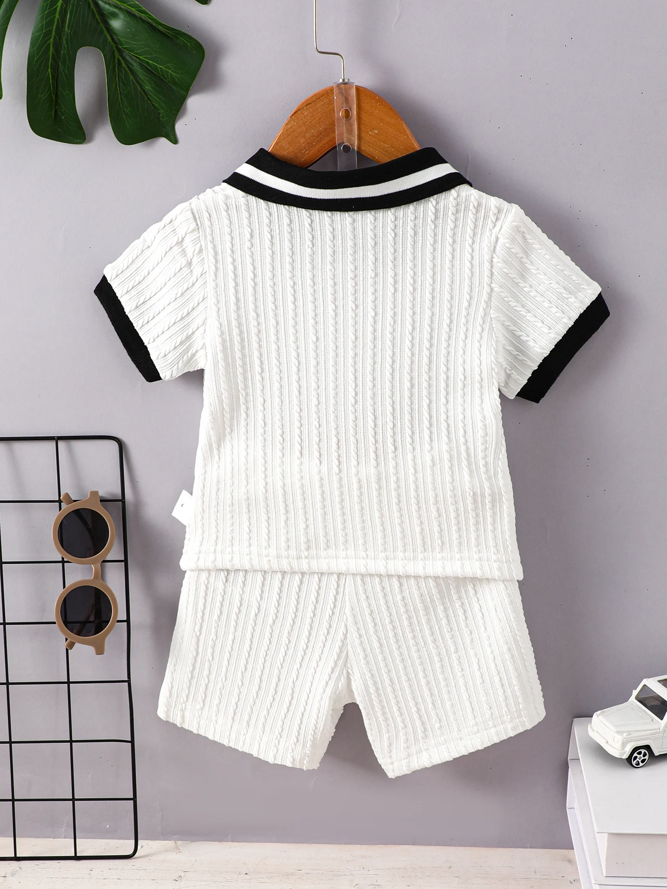 Baby Boys Summer Thin Shorts Set Lapel Temperament Color Contrast Short Sleeve Texture T-Shirt Elastic Waist Solid Color Pants