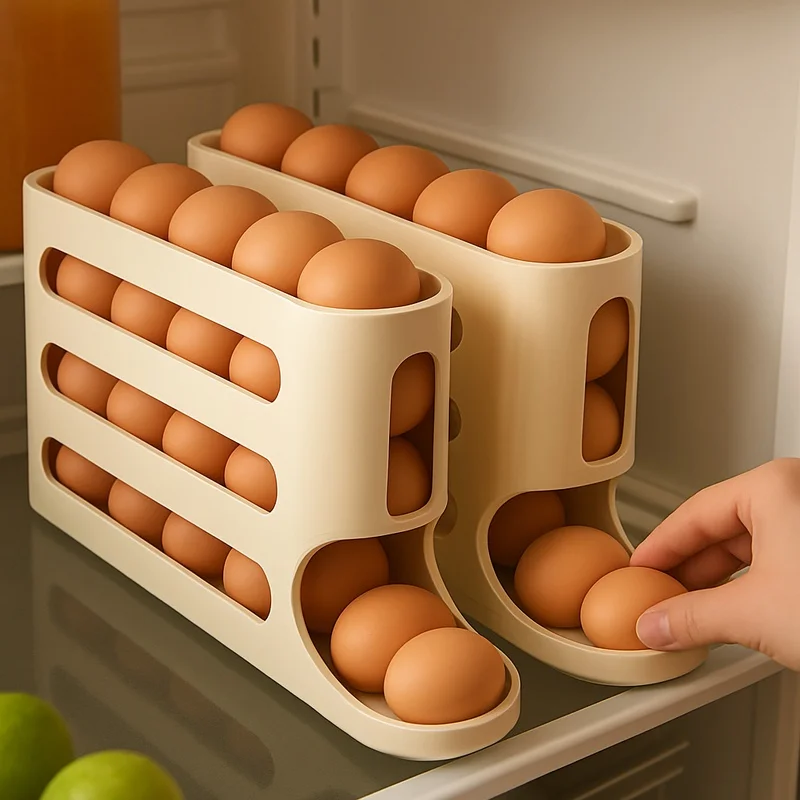 Multi-Layer Egg Storage Rack with Ladder Style, Automatic Rolling System, Fits Refrigerator Door, High Capacity Organizer
