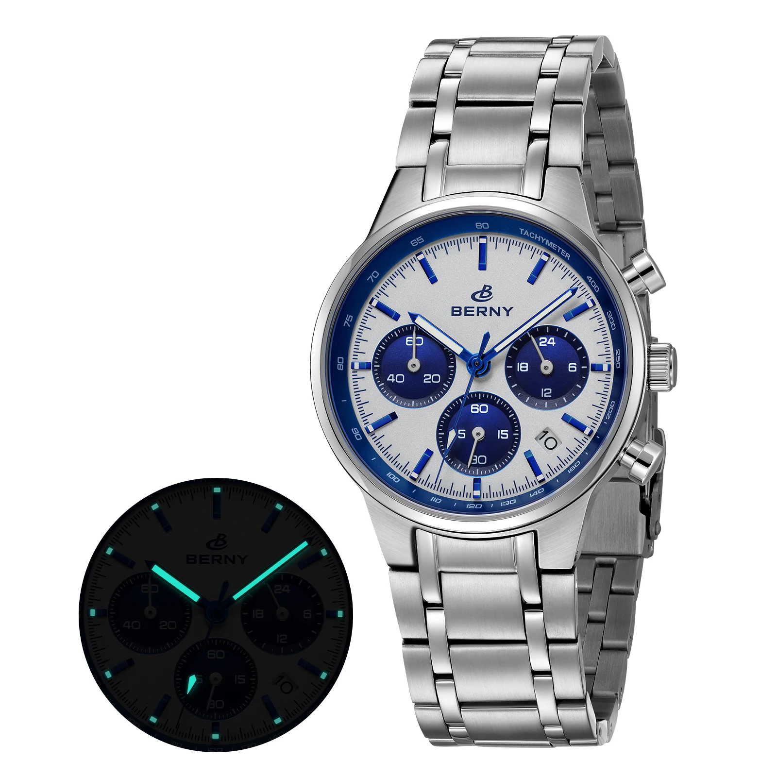 BERNY Top Men's Chronograph Watches Quartz Wristwatches  Sapphire Stainless Steel Waterproof Fashion Panda Dial Watches for Men