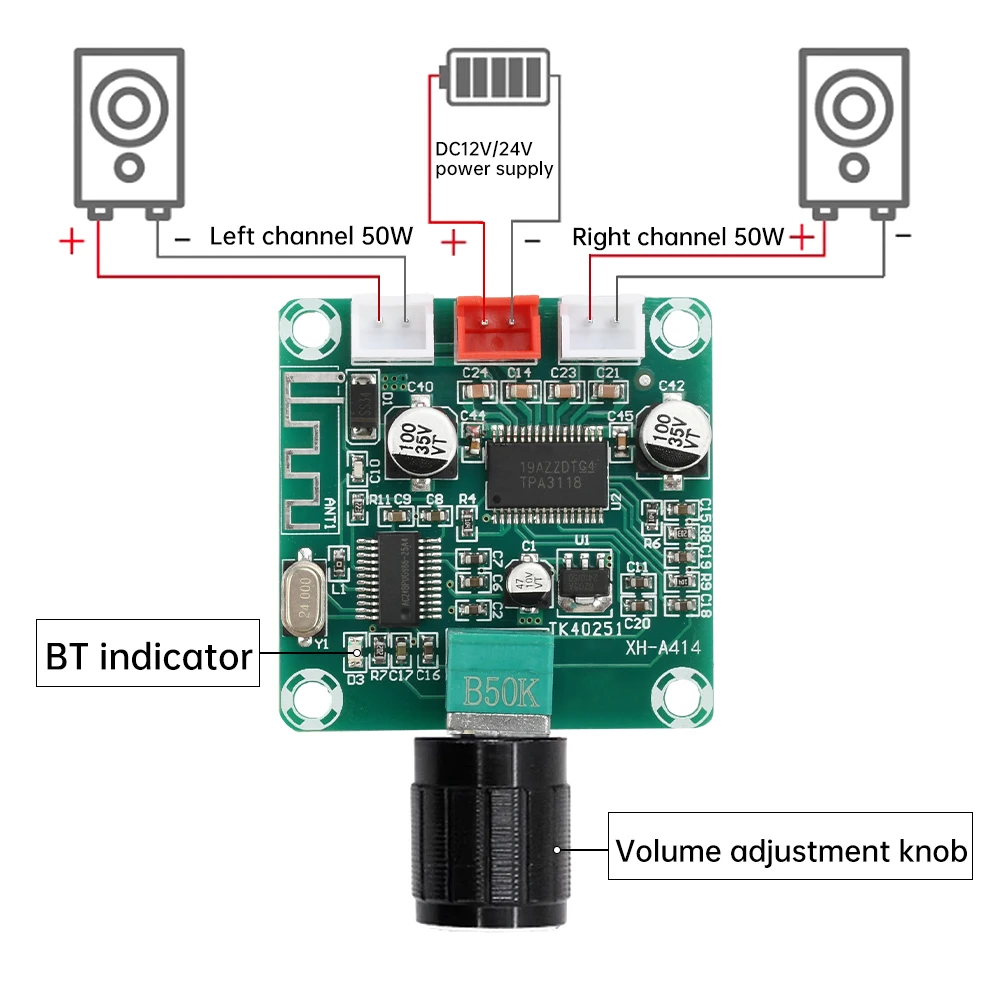 XH-A414 5.0 Bluetooth digital amplifier board 50W+50W Onboard TPA3118D2 amplifier chip 50K dual potentiometer DC12-24V