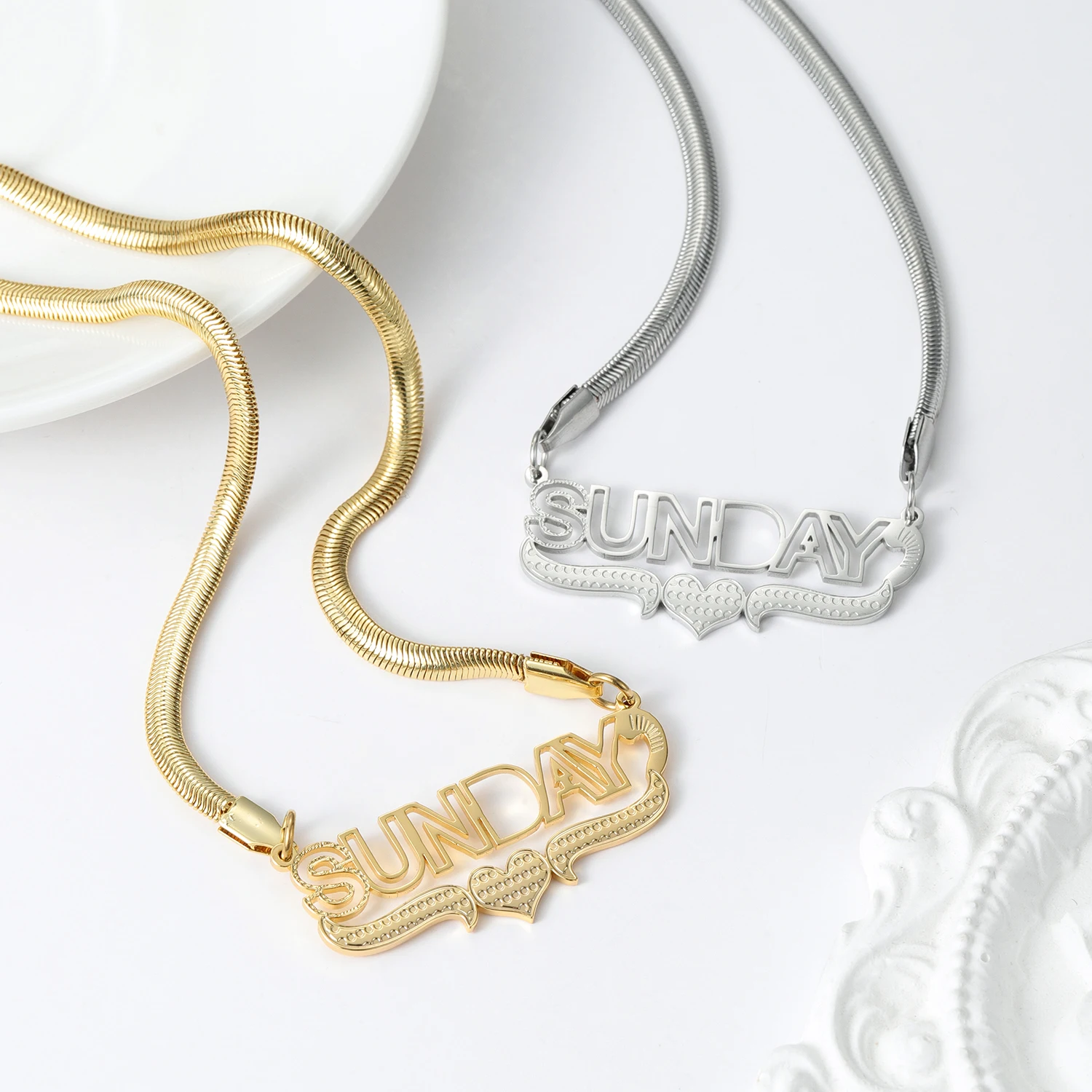 New Name plate Customized Name Personalized Heart Gold Pendant Snake Chain Women's Stainless Steel Necklace Mother's Day Gift