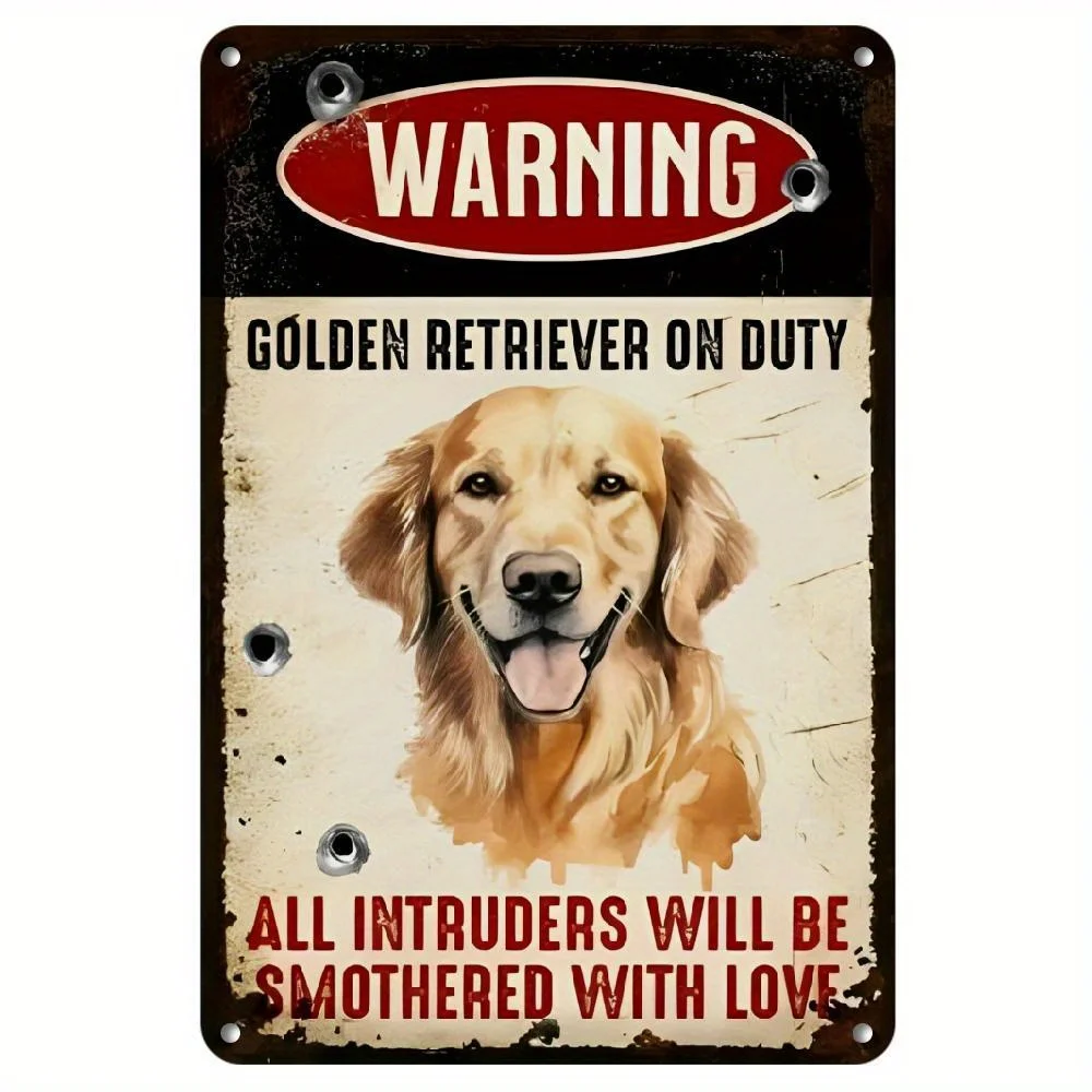 2D Funny Golden Retriever Welcome Sign - Vintage Rustic Metal Wall Art with Humorous Warning Message,  Perfect Dog Lover Gift