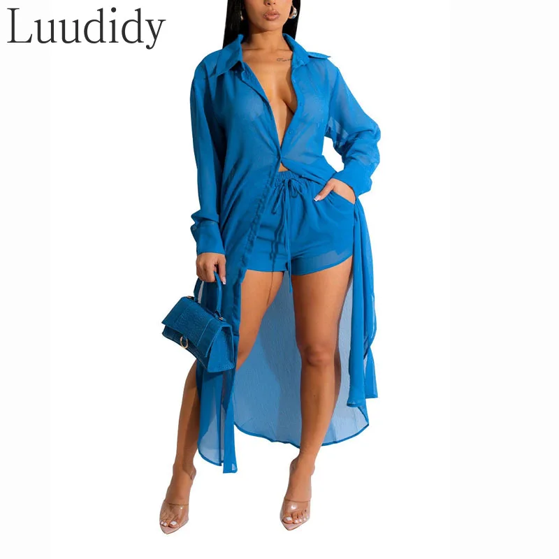 

Women Casual Solid Color Turn Down Collar Long Sleeve Chiffon Button Front Blouse and High Waist Shorts 2pcs Set