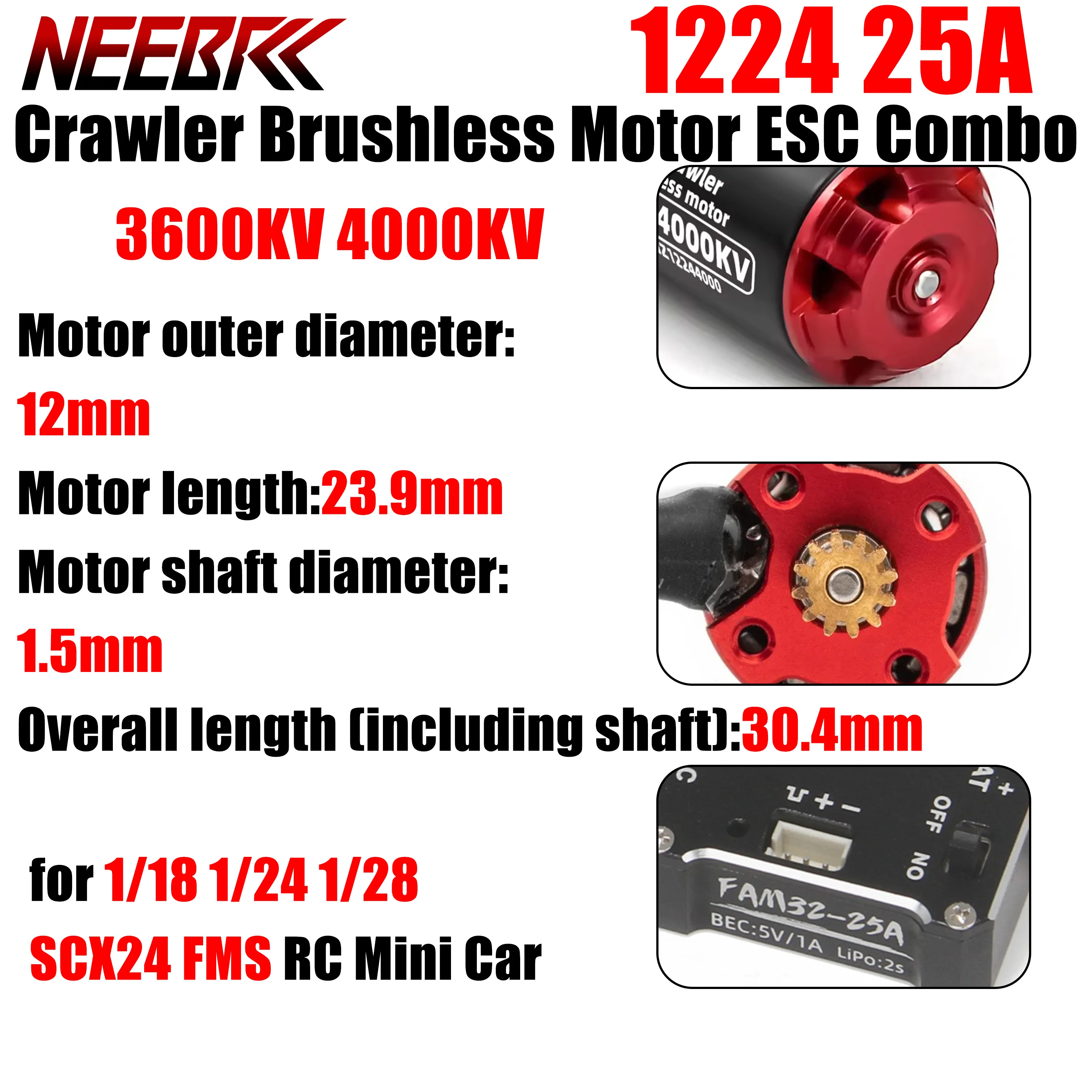 

1224 3600KV 4000KV Crawler Brushless Motor 25A ESC Metal 5V/1A for 1/18 1/24 1/28 SCX24 FMS RC Mini Car 1212 1621 Upgrade Part