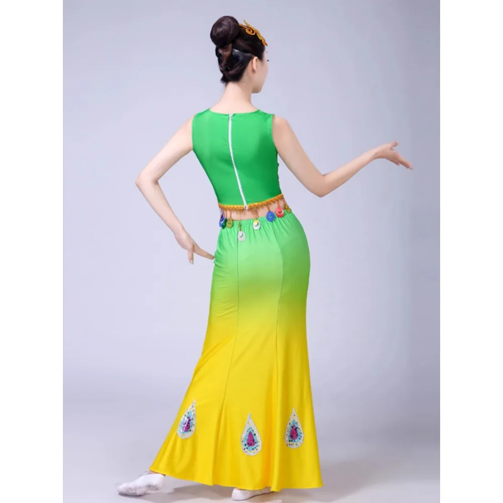 New Dai dance costumefishtail skirt performance costume gradient art test double shoulder peacock dance performance adult female