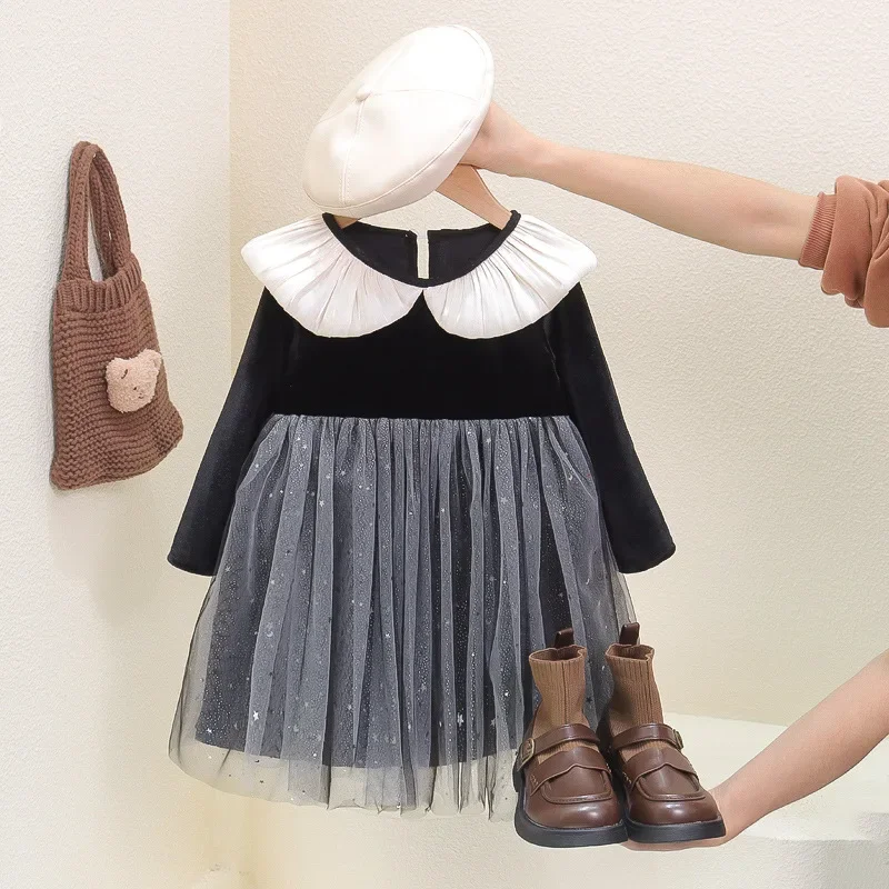 

Spring Autumn Baby Girl's Mesh Dress Stars Moon Lace Mesh Patchwork Cute Collar Long Sleeved Princess Dress