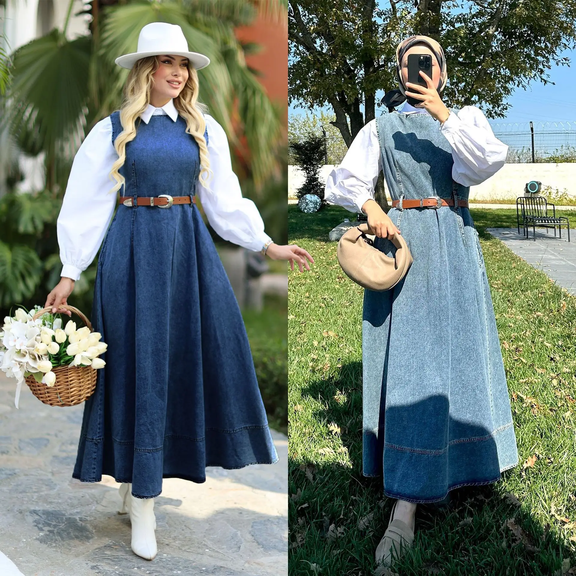 

Women Denim Dress Abaya Eid Muslim Sundress Sashes Sleeveless Dresses Islam Morocco Jalabiya Dubai Arab Long Robe Vestidos