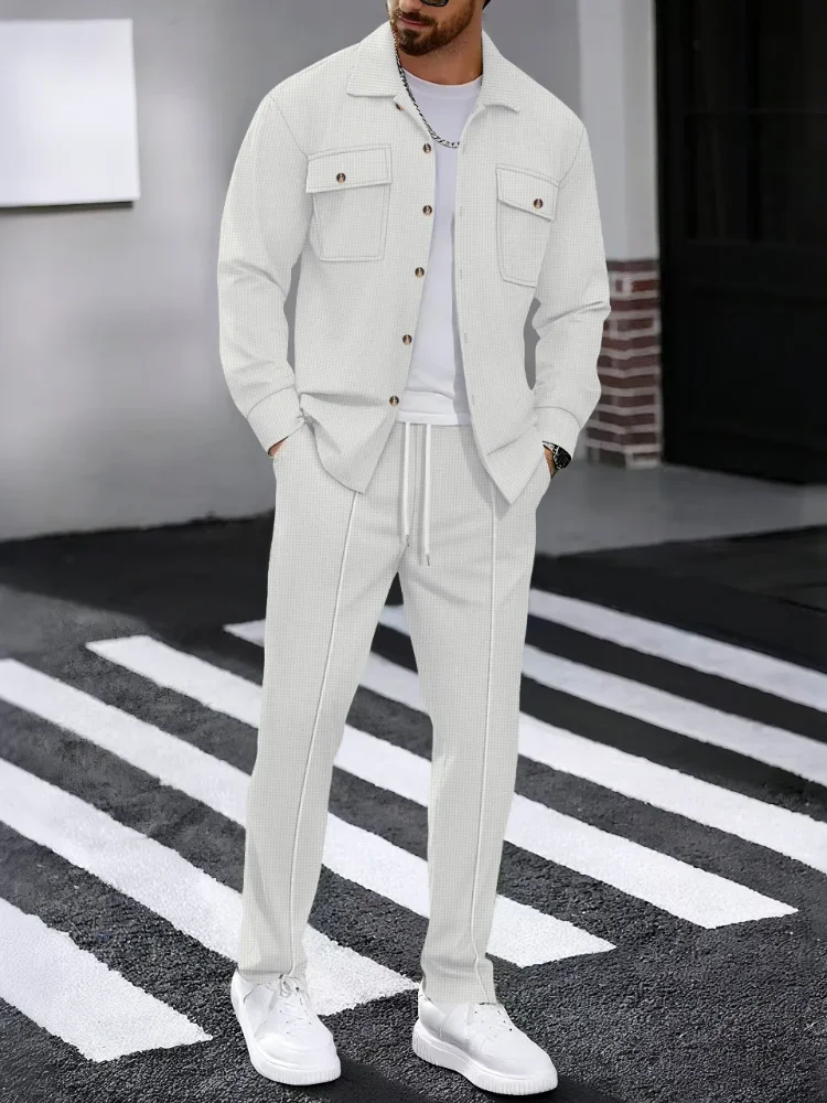 Men's casual two-piece waffle texture suit (including button-down top and elastic waist pants) - fashionable street casual sport