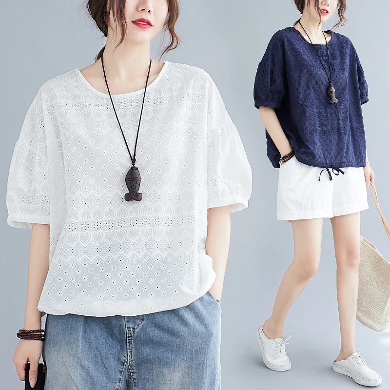 

Корейская художественная вышивка, универсальная свободная футболка оверсайз с эффектом стройности для женщин больших размеров