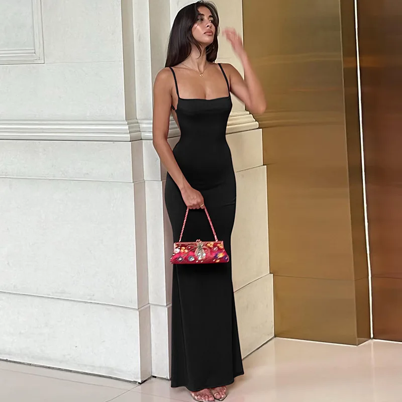 Summer 2026 Sexy Slim Fit Backless Strap Pure Color Women's Dress European Style Daily Wear Medium Waist Silk Linen Blend