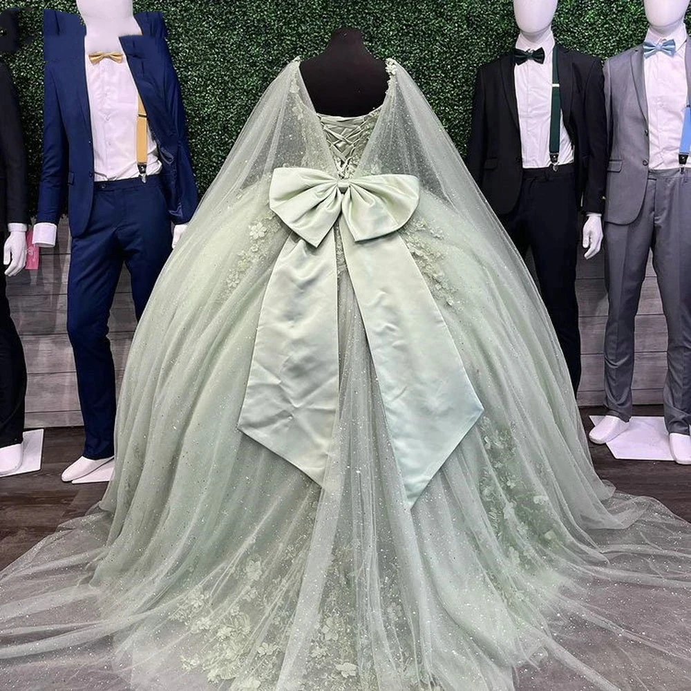 Vestidos De quinceañera verde salvia hechos a medida con lazo, apliques De encaje, fiesta De cumpleaños, dulces 15 Años