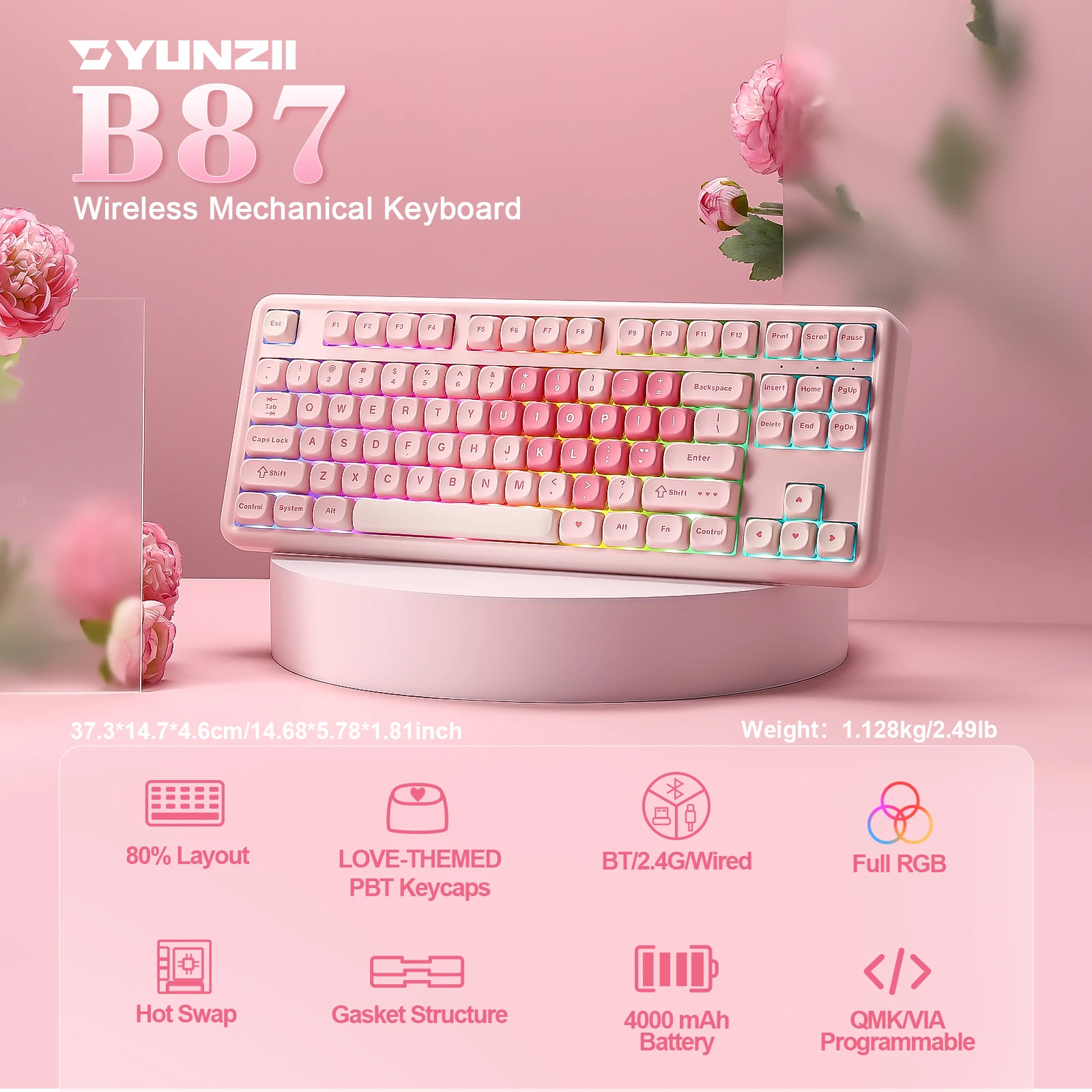YUNZII B87 Keyboard Gaming Mekanis Merah Muda, Keyboard RGB Gasket Kustom QMK/VIA, Keeb Estetika Nirkabel, Sandaran Tangan untuk Win/Mac