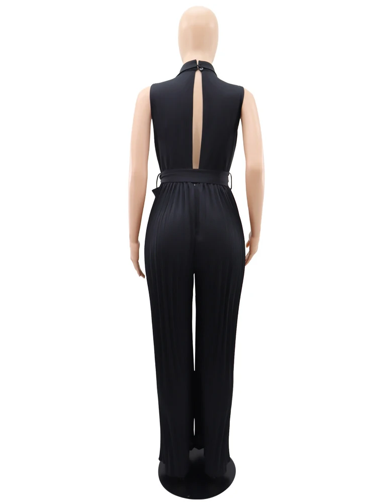 V-Neck Pleated Sleeveless Jumpsuit Women\'s Commuting Wind High Waisted Lace up Wide Leg Pants Loose Fashionable Jumpsuit