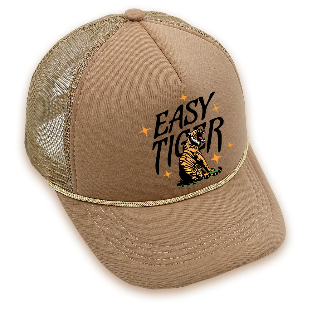 Easy Tiger Trucker Hat Cowgirl Tiger Roar Baseball Cap Summer Beach Woman Mesh Cap Adjustable Buckle Unisex