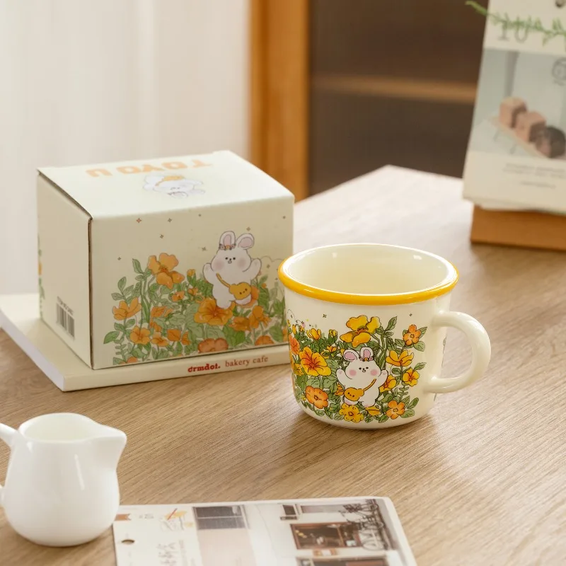 Caneca de porcelana com flor e coelho, xícara de cerâmica, pastoral europeia, sobremesa do café da manhã, leite, escritório, presente de aniversário, casa, 340ml