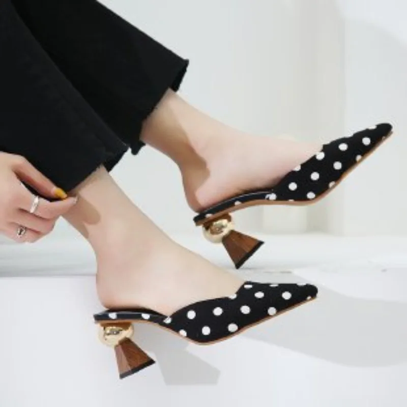 Pointed Toe Polka Dot Half Slippers Shoes Woman 2024 Trend Mules High Heels Fashion Heeled Sandals Women\'s Summer Footwear