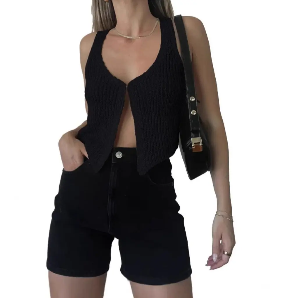 

Solid Color Sleeveless V-neck Knitted Cardigan Casual Sexy Top for Women