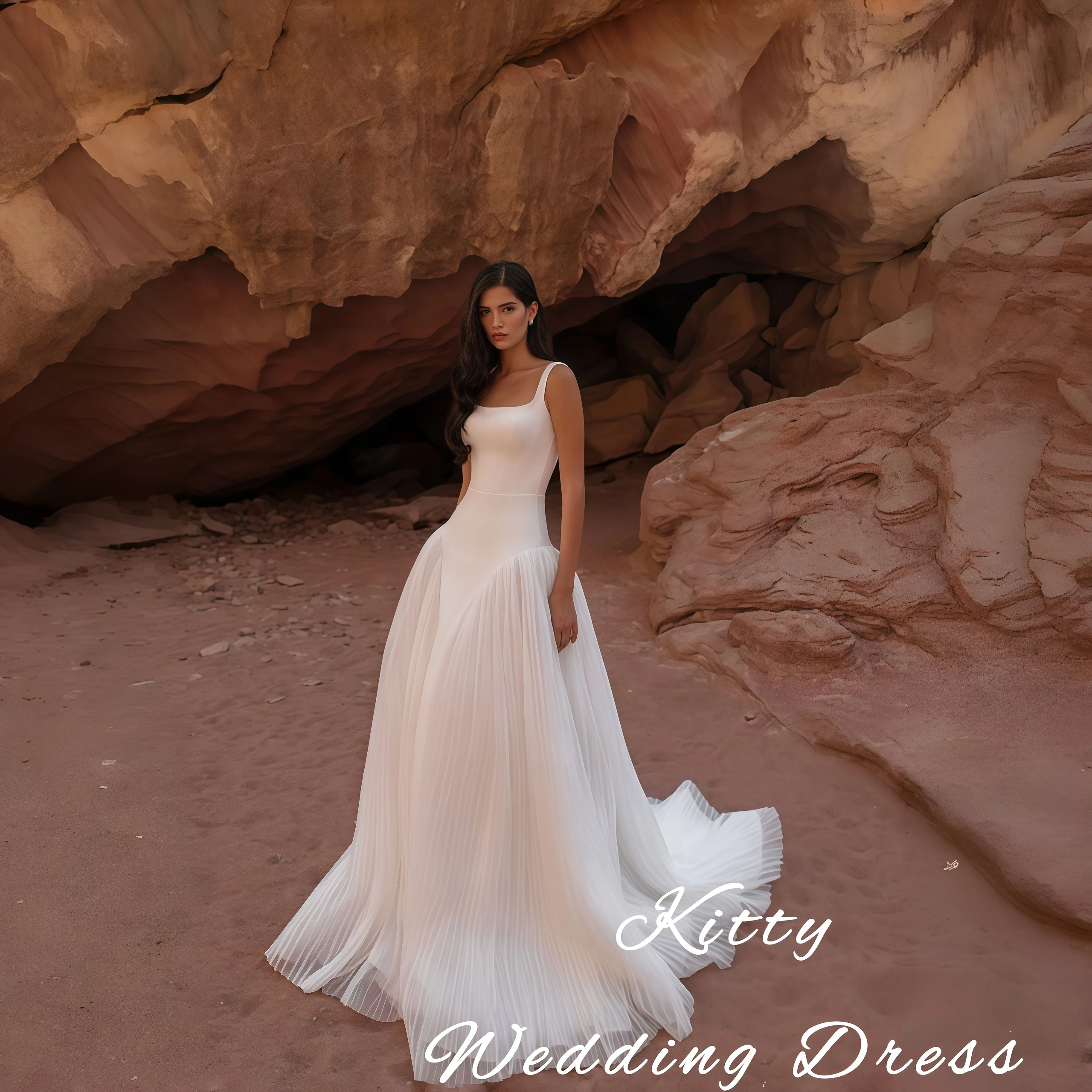 

Kitty Customized Modern Wedding Dress Square Neck Satin Backless Sleevelesss Bodice Pleated Tulle Skirt A-Line Train Bridal Gown