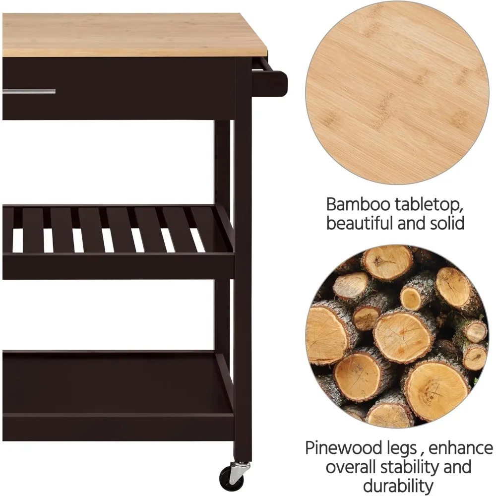 عربة جزيرة المطبخ العلوية من الخيزران من Yaheetech مع عجلات من 3 طبقات، وعربة أدوات دوارة للميكروويف والخدمة