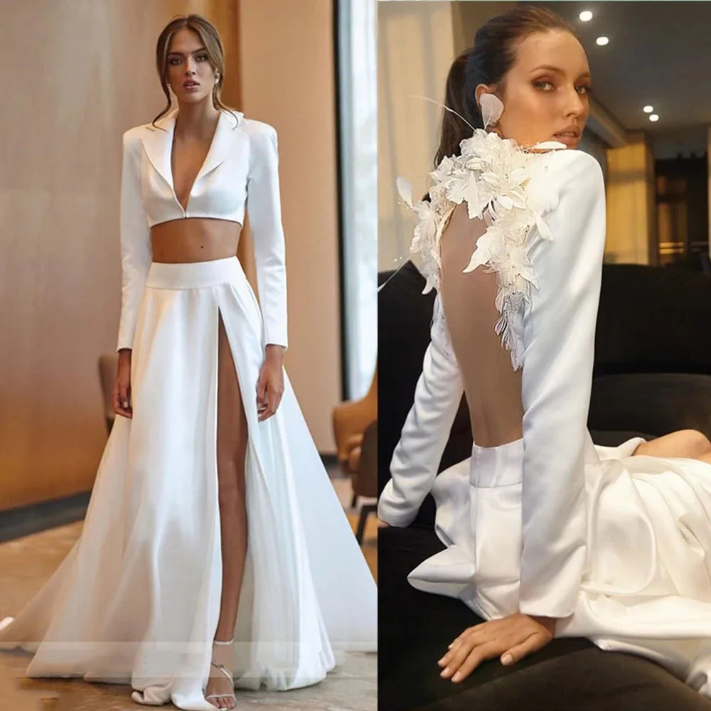 

Fashion Two Pieces Satin Wedding Dress With Jacket Long Sleeves White Bridal Dresses Sexy V-Neck Side Split Vestido de novia