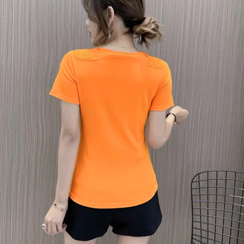 New 2023 Summer Women\'s T-Shirt Fashion Casual Short Sleeved Sexy Hollow Out Hot Diamond Tops Girl Elasticity Cotton Tees Blusas