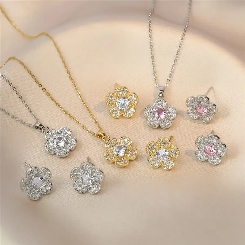 High Grade Square Flower Bow Zircon Jewelry Set Stainless Steel Chain Geometric Necklace Earrings Party Gifts For Women Girls